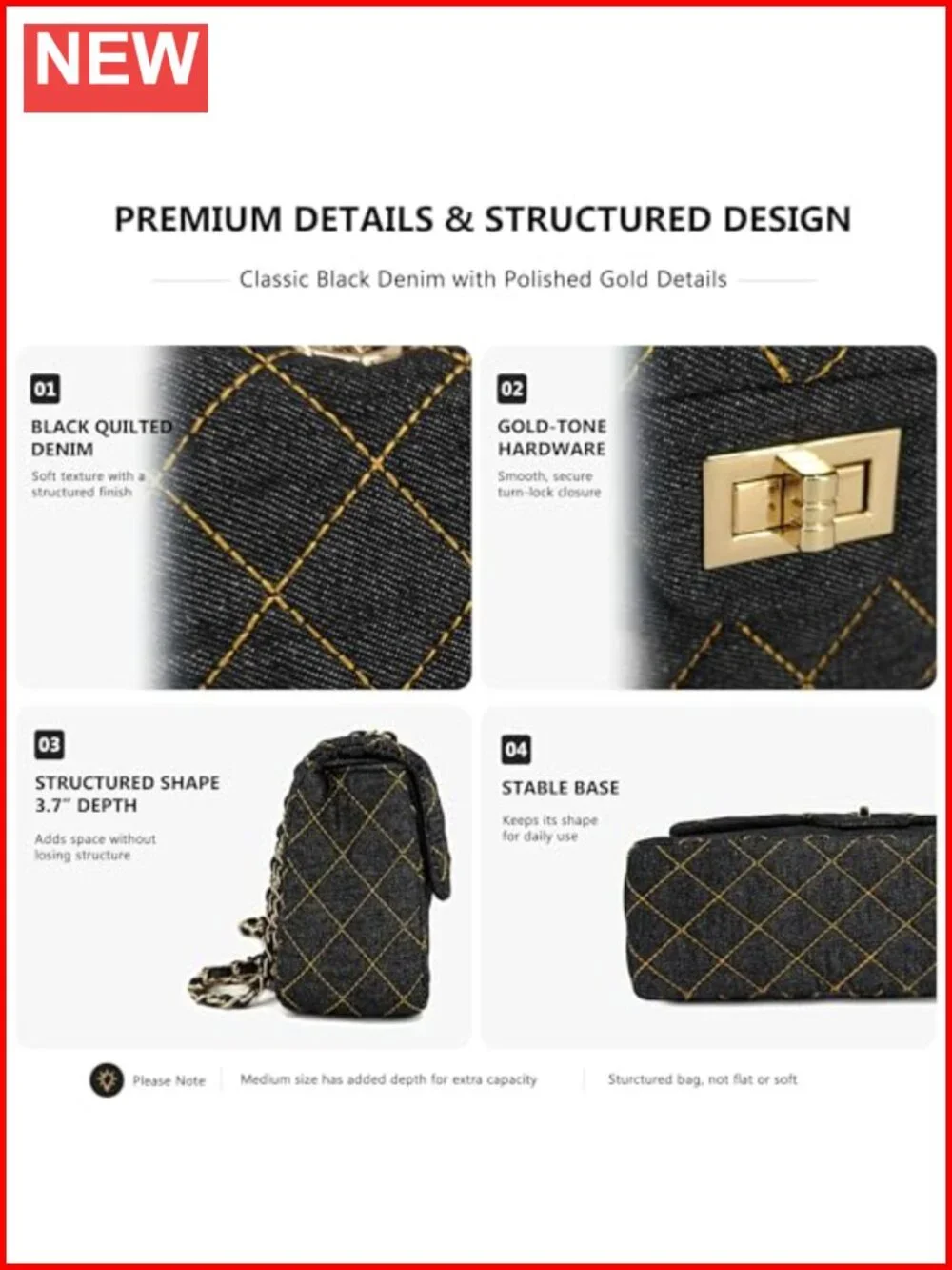 Quilted Flap Shoulder Bag with Chain Strap Adjustable Crossbody